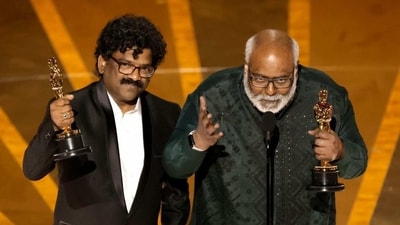 Naatu Naatu composer MM Keeravaani and writer Chandrabose accepting the Oscar for Best Original Song. Naatu Naatu composer MM Keeravaani and writer Chandrabose accepting the Oscar for Best Original Song.