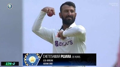 Cheteshwar Pujara rolls his arms in the final India vs Australia Test in Ahmedabad (Twitter) Cheteshwar Pujara rolls his arms in the final India vs Australia Test in Ahmedabad (Twitter)