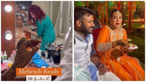 Swara Bhasker wore orange for the mehendi. Swara Bhasker wore orange for the mehendi.