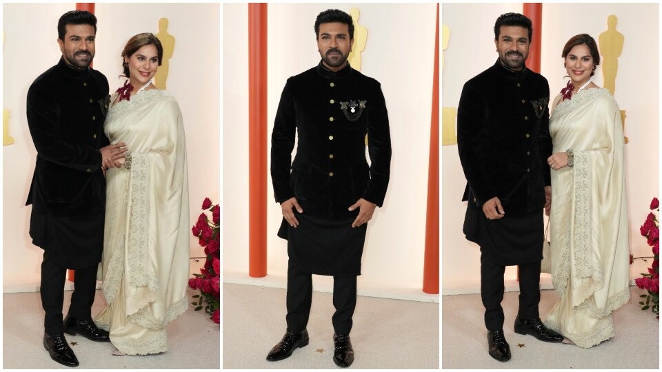 Ram Charan and Upasana Kamineni on the Oscars 2023 red carpet. (AP) Ram Charan and Upasana Kamineni on the Oscars 2023 red carpet. (AP)