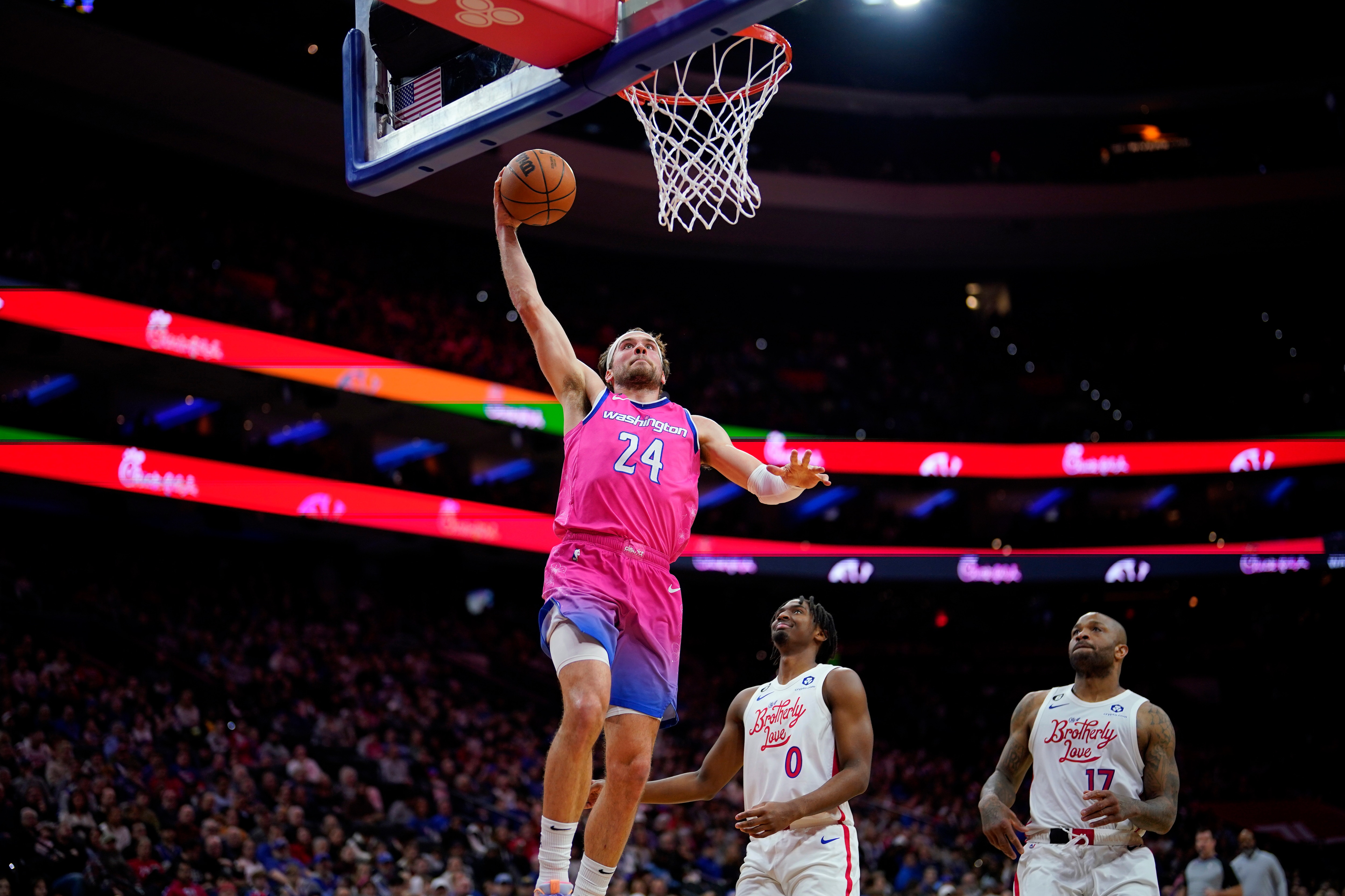 Washington Wizards' Corey Kispert (24) goes up for a dunk during the first half of an NBA basketball game against the Philadelphia 76ers, Sunday, March 12, 2023, in Philadelphia. (AP) Washington Wizards' Corey Kispert (24) goes up for a dunk during the first half of an NBA basketball game against the Philadelphia 76ers, Sunday, March 12, 2023, in Philadelphia. (AP)