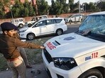 A police vehicle damaged in the violence. (HT Photo) A police vehicle damaged in the violence. (HT Photo)