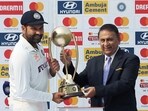 Ahmedabad, Mar 13 (ANI): India's skipper Rohit Sharma being presented with Border-Gavaskar Trophy 2023 by former cricketer Sunil Gavaskar during the post-match presentation after the 4th test match between India and Australia, at Narendra Modi Stadium, in Ahmedabad on Monday. India won the Border-Gavaskar Trophy 2-1 after the 4th Test ended in a draw. (ANI Photo)
Ahmedabad, Mar 13 (ANI): India's skipper Rohit Sharma being presented with Border-Gavaskar Trophy 2023 by former cricketer Sunil Gavaskar during the post-match presentation after the 4th test match between India and Australia, at Narendra Modi Stadium, in Ahmedabad on Monday. India won the Border-Gavaskar Trophy 2-1 after the 4th Test ended in a draw. (ANI Photo)