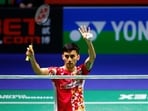 Lakshya Sen reacts during his round of 32 men's singles match against Taiwan's Chou Tien-chen(Reuters)