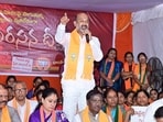Telangana Bharatiya Janata Party (BJP) President Bandi Sanjay Kumar addresses during a protest over the rise in crime against women in the State, at the party State office, in Hyderabad. (ANI)