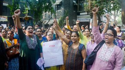 A protest by Maharashtra government employees in Thane on Tuesday. (PTI) A protest by Maharashtra government employees in Thane on Tuesday. (PTI)