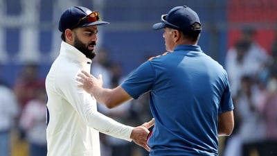 Indore, Mar 03 (ANI): India's head coach Rahul Dravid and Virat Kohli shake hands after the 3rd Test match against Australia, at Holkar Cricket Stadium, in Indore on Friday. Australia beat India by nine wickets on day three of third Test. (ANI Photo) (ANI) Indore, Mar 03 (ANI): India's head coach Rahul Dravid and Virat Kohli shake hands after the 3rd Test match against Australia, at Holkar Cricket Stadium, in Indore on Friday. Australia beat India by nine wickets on day three of third Test. (ANI Photo) (ANI)