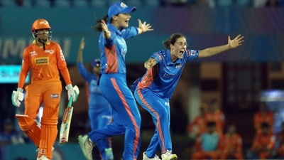 Mumbai Indians' Natalie Sciver celebrates the dismissal of Gujarat Giants' Sophia Dunkley in the Women's Premier League 2023, at Brabourne Stadium, in Mumbai on Tuesday. (Women's Premier League Twitter) Mumbai Indians' Natalie Sciver celebrates the dismissal of Gujarat Giants' Sophia Dunkley in the Women's Premier League 2023, at Brabourne Stadium, in Mumbai on Tuesday. (Women's Premier League Twitter)