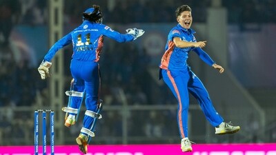 Mumbai Indians' Issy Wong celebrates a dismissal against Gujarat Giants in Women's Premier League 2023 at Brabourne Stadium in Mumbai (Women's Premier League Twitter) Mumbai Indians' Issy Wong celebrates a dismissal against Gujarat Giants in Women's Premier League 2023 at Brabourne Stadium in Mumbai (Women's Premier League Twitter)