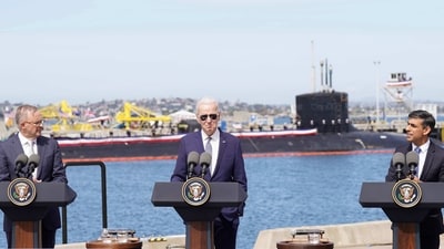 Britain's Prime Minister Rishi Sunak, right, meets with US President Joe Biden and Prime Minister of Australia Anthony Albanese, left, at Point Loma naval base in San Diego, US, Monday March 13, 2023, as part of Aukus, a trilateral security pact between Australia, the UK, and the US. AP/PTI(AP03_14_2023_000001B) (AP)