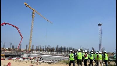 At the Noida international airport construction site in Greater Noida on Tuesday. (Sunil Ghosh/HT Photo) At the Noida international airport construction site in Greater Noida on Tuesday. (Sunil Ghosh/HT Photo)
