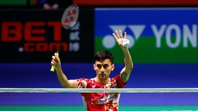 Lakshya Sen reacts during his round of 32 men's singles match against Taiwan's Chou Tien-chen (Reuters)