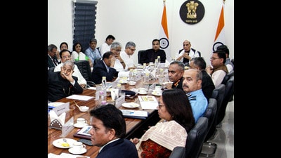 Defence minister Rajnath Singh chairs a meeting to review the construction of various infrastructure projects along northern border during a high-level meeting, in New Delhi on Tuesday. (PTI) Defence minister Rajnath Singh chairs a meeting to review the construction of various infrastructure projects along northern border during a high-level meeting, in New Delhi on Tuesday. (PTI)