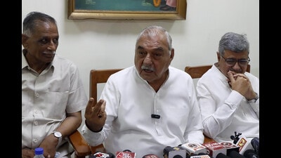 Former chief minister and leader of opposition in Haryana Bhupinder Singh Hooda addressing a press conference in Rohtak on Tuesday. (Manoj Dhaka/HT)