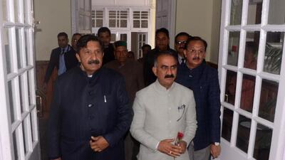 Himachal Pradesh chief minister Sukhvinder Singh Sukhu and his deputy Mukesh Agnihotri arrive to attend the Vidhan Sabha budget session in Shimla on Tuesday. (Deepak Sansta/HT) Himachal Pradesh chief minister Sukhvinder Singh Sukhu and his deputy Mukesh Agnihotri arrive to attend the Vidhan Sabha budget session in Shimla on Tuesday. (Deepak Sansta/HT)
