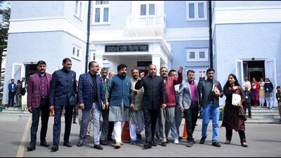 Leader of Opposition in Himachal assembly Jai Ram Thakur along with BJP MLAs staging a walkout on the first day of the budget session in Shimla on Tuesday. (Deepak Sansta/HT) Leader of Opposition in Himachal assembly Jai Ram Thakur along with BJP MLAs staging a walkout on the first day of the budget session in Shimla on Tuesday. (Deepak Sansta/HT)