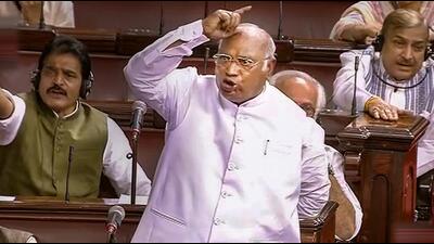 Mallikarjun Kharge speaking in Rajya Sabha on Monday. (PTI) Mallikarjun Kharge speaking in Rajya Sabha on Monday. (PTI)