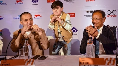 President, International Boxing Association Umar Kremlev with President, Boxing Federation of India Ajay Singh and social media influencer Abdu Rozik during a press conference ahead of the Women's World Boxing Championship (PTI) President, International Boxing Association Umar Kremlev with President, Boxing Federation of India Ajay Singh and social media influencer Abdu Rozik during a press conference ahead of the Women's World Boxing Championship (PTI)