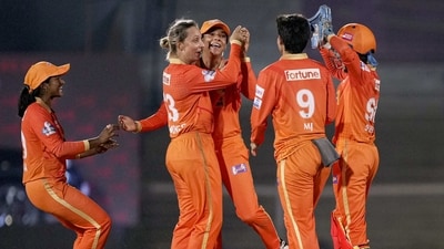 Gujurat Giants Ashleigh Gardner with teammates celebrates the wicket of Mumbai Indians Hayley Matthews during the Women's Premier League match (PTI) Gujurat Giants Ashleigh Gardner with teammates celebrates the wicket of Mumbai Indians Hayley Matthews during the Women's Premier League match (PTI)