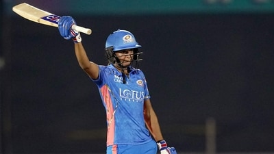 Mumbai Indians Harmanpreet Kaur celebrates her fifty during the Women's Premier League T20 match against Gujarat Giants (PTI) Mumbai Indians Harmanpreet Kaur celebrates her fifty during the Women's Premier League T20 match against Gujarat Giants (PTI)