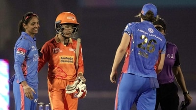 Mumbai Indians players celebrate their win during the Women's Premier League match against Gujarat Giants (PTI) Mumbai Indians players celebrate their win during the Women's Premier League match against Gujarat Giants (PTI)