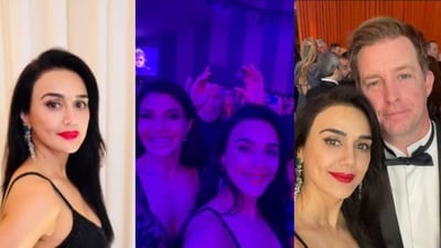 Preity Zinta clicked pictures with her husband Gene Goodenough and Jacqueline Fernandez at Oscars after-party.