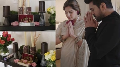 Ram Charan and his wife Upasana Konidela attended the 95th Academy Awards on Sunday and prayed at their home temple before setting out for the ceremony. Ram Charan and his wife Upasana Konidela attended the 95th Academy Awards on Sunday and prayed at their home temple before setting out for the ceremony.