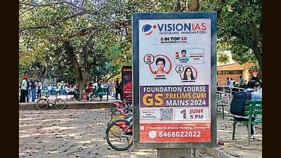 The advertisements, primarily for civil services exam coaching, are displayed at prominent places on the campus, including the Student Centre and the administrative block. (HT Photo) The advertisements, primarily for civil services exam coaching, are displayed at prominent places on the campus, including the Student Centre and the administrative block. (HT Photo)