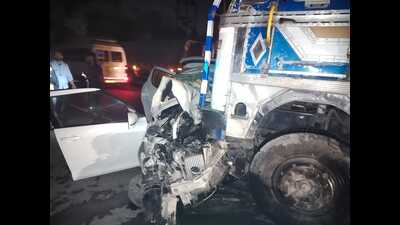 The car and truck at the accident site opposite the petrol pump in Raipur village on Monday. (HT Photo) The car and truck at the accident site opposite the petrol pump in Raipur village on Monday. (HT Photo)