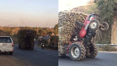 Driver manoeuvring an overloaded tractor. (Twitter/@hvgoenka) Driver manoeuvring an overloaded tractor. (Twitter/@hvgoenka)
