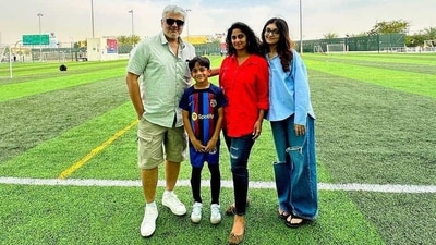 Ajith Kumar with wife Shalini and children Anoushka Kumar and Aadvik Kumar. Ajith Kumar with wife Shalini and children Anoushka Kumar and Aadvik Kumar.