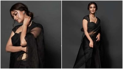 Keerthy Suresh, in a black organza saree, is the epitome of grace (Instagram/@keerthysureshofficial) Keerthy Suresh, in a black organza saree, is the epitome of grace (Instagram/@keerthysureshofficial)