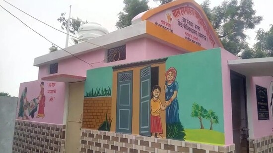 A pink toilet in rural Prayagraj. (Ht photo)