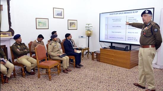 Himachal Pradesh governor Shiv Pratap Shukla (unseen) presides over a meeting of senior officers of the HP Police at Raj Bhawan on drug abuse and illegal trafficking, in Shimla on Tuesday. (ANI)