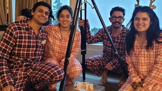 Aamir Khan is seen here with Ira Khan, her fiance Nupur Shikhare and one of her friends during one of their pyjama parties, Aamir had danced to his son Papa Kehte Hain at Ira and Nupur's engagement last year.&nbsp;