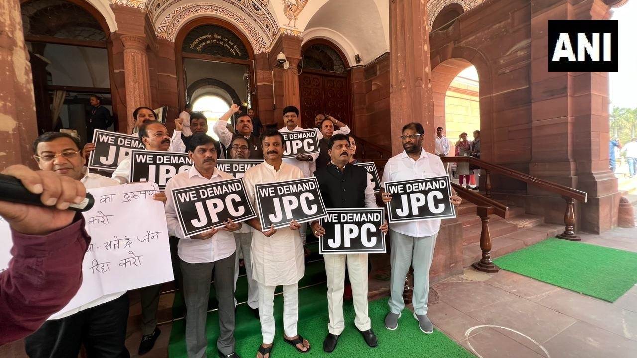 BRS and AAP MPs protest in Parliament demanding a JPC probe in the Adani issue. (ANI)