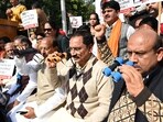 Delhi BJP working president Virendra Sachdeva with other party leaders at a protest against chief minister Arvind Kejriwal’s government at Shahidi Park in New Delhi. (Raj K Raj/HT Photo) Delhi BJP working president Virendra Sachdeva with other party leaders at a protest against chief minister Arvind Kejriwal’s government at Shahidi Park in New Delhi. (Raj K Raj/HT Photo)