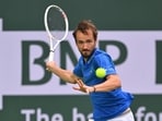 Mar 14, 2023; Indian Wells, CA, USA; Daniil Medvedev (RUS) hits a shot as he defeated Alexander Zverev (GER) in the fourth round of the BNP Paribas Open at the Indian Wells Tennis Garden. Mandatory Credit: Jayne Kamin-Oncea-USA TODAY Sports
