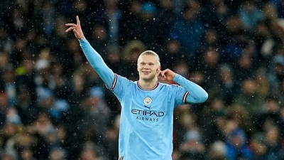 Manchester City's Erling Haaland celebrates after scoring the opening goal during the Champions League round of 16 second leg soccer match between Manchester City and RB Leipzig at the Etihad stadium in Manchester, England, Tuesday. (AP) Manchester City's Erling Haaland celebrates after scoring the opening goal during the Champions League round of 16 second leg soccer match between Manchester City and RB Leipzig at the Etihad stadium in Manchester, England, Tuesday. (AP)