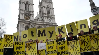 Prince William News: Anti-monarchy demonstrators protest against the Royal family outside Westminster Abbey in London. (AFP) Prince William News: Anti-monarchy demonstrators protest against the Royal family outside Westminster Abbey in London. (AFP)