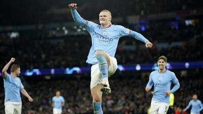 Manchester City's Erling Haaland celebrates after scoring his side's 5th goal during the Champions League round of 16 second leg soccer match between Manchester City and RB Leipzig at the Etihad stadium in Manchester, England, Tuesday, March 14, 2023. (AP Photo/Dave Thompson) (AP) Manchester City's Erling Haaland celebrates after scoring his side's 5th goal during the Champions League round of 16 second leg soccer match between Manchester City and RB Leipzig at the Etihad stadium in Manchester, England, Tuesday, March 14, 2023. (AP Photo/Dave Thompson) (AP)