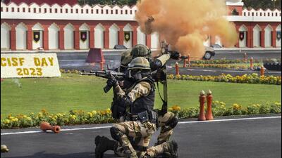 Central Industrial Security Force (CISF) personnel display their skills during the 54th Raising Day Parade in Hyderabad, on March 12 (PTI File) Central Industrial Security Force (CISF) personnel display their skills during the 54th Raising Day Parade in Hyderabad, on March 12 (PTI File)