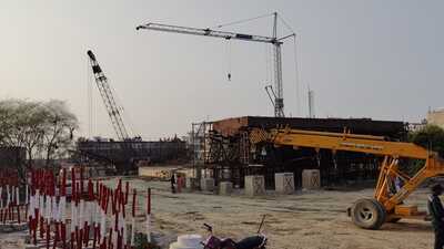Construction of the bridge over the Ganga underway in Prayagraj (HT Photo) Construction of the bridge over the Ganga underway in Prayagraj (HT Photo)
