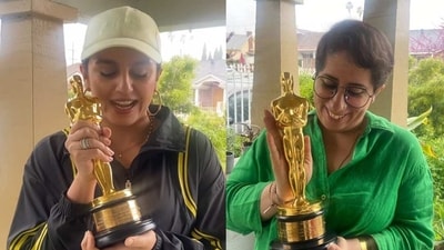 Huma Qureshi posed with producer Guneet Monga's Oscar trophy on Instagram. Huma Qureshi posed with producer Guneet Monga's Oscar trophy on Instagram.