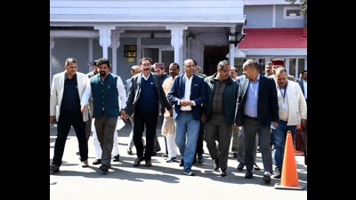 Leader of Opposition Jai Ram Thakur along with BJP legislators going to attend the Himachal Pradesh Vidhan Sabha budget session in Shimla on Wednesday. (Deepak Sansta/HT) Leader of Opposition Jai Ram Thakur along with BJP legislators going to attend the Himachal Pradesh Vidhan Sabha budget session in Shimla on Wednesday. (Deepak Sansta/HT)