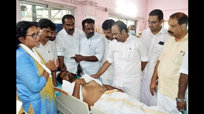 Leader of Opposition VD Satheesan meets injured MLA Saneesh Joseph in Thiruvananthapuram. (ANI)