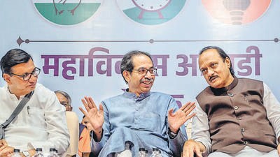 Mumbai, India - March 15, 2023: Balasaheb Thorat Member of the Legislative Assembly of Maharashtra, Uddhav Thackeray Member of Maharashtra Legislative Council, Ajit Pawar Leader of the Opposition in the Maharashtra Legislative Assembly and Ashok Shankarrao Chavan Member of the Legislative Assembly of Maharashtra at Y B Chavan center to attend Maha Vikas Aghadi meeting in Mumbai, India, on Wednesday, March 15, 2023. (Photo by Satish Bate/ Hindustan Times) (Hindustan Times) Mumbai, India - March 15, 2023: Balasaheb Thorat Member of the Legislative Assembly of Maharashtra, Uddhav Thackeray Member of Maharashtra Legislative Council, Ajit Pawar Leader of the Opposition in the Maharashtra Legislative Assembly and Ashok Shankarrao Chavan Member of the Legislative Assembly of Maharashtra at Y B Chavan center to attend Maha Vikas Aghadi meeting in Mumbai, India, on Wednesday, March 15, 2023. (Photo by Satish Bate/ Hindustan Times) (Hindustan Times)