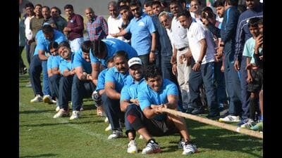 Players in action during the 26th All India Forest Sports Meet at Tau Devi Lal Stadium in Panchkula. (Sant Arora/HT)