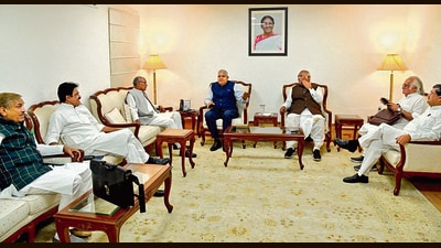 Rajya Sabha chairman Jagdeep Dhankhar during the meeting with Congress leaders in New Delhi on Wednesday. Rajya Sabha chairman Jagdeep Dhankhar during the meeting with Congress leaders in New Delhi on Wednesday.