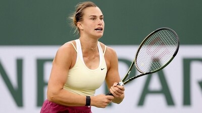 INDIAN WELLS, CALIFORNIA - MARCH 14: Aryna Sabalenka of Belarus plays Barbora Krejcikova of Czech Republic during the BNP Paribas Open at the Indian Wells Tennis Garden on March 14, 2023 in Indian Wells, California. Matthew Stockman/Getty Images/AFP (Photo by MATTHEW STOCKMAN / GETTY IMAGES NORTH AMERICA / Getty Images via AFP) (Getty Images via AFP) INDIAN WELLS, CALIFORNIA - MARCH 14: Aryna Sabalenka of Belarus plays Barbora Krejcikova of Czech Republic during the BNP Paribas Open at the Indian Wells Tennis Garden on March 14, 2023 in Indian Wells, California. Matthew Stockman/Getty Images/AFP (Photo by MATTHEW STOCKMAN / GETTY IMAGES NORTH AMERICA / Getty Images via AFP) (Getty Images via AFP)